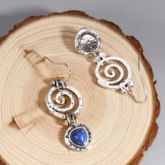 🏷SOLD. Boho dangle earrings Blue hollow stone Antique tribal. NWT 🏆HOST PICK🏆 - Picture 5 of 6